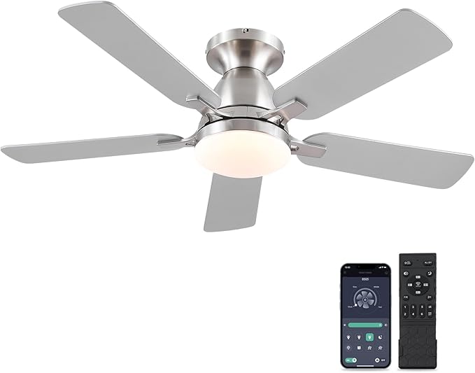 Ceiling Fans with Lights and Remote/APP Control,46" Flush Mount Ceiling Fan Dimmable DC Motor,Low Profile Ceiling Fan for Bedroom,Living Room,Brushed Nickel