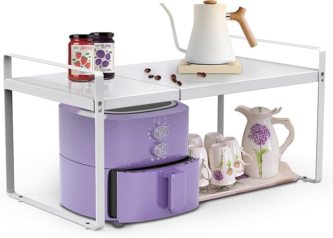 9'' Wide Expandable Cabinet Shelf Organizer Rack Adjustable Length 14''-26'' Pantry Shelf Spice Rack Heavy Duty Nonslip Kitchen Counter Storage Shelves Pantry Cupboard Under Sink Countertop White