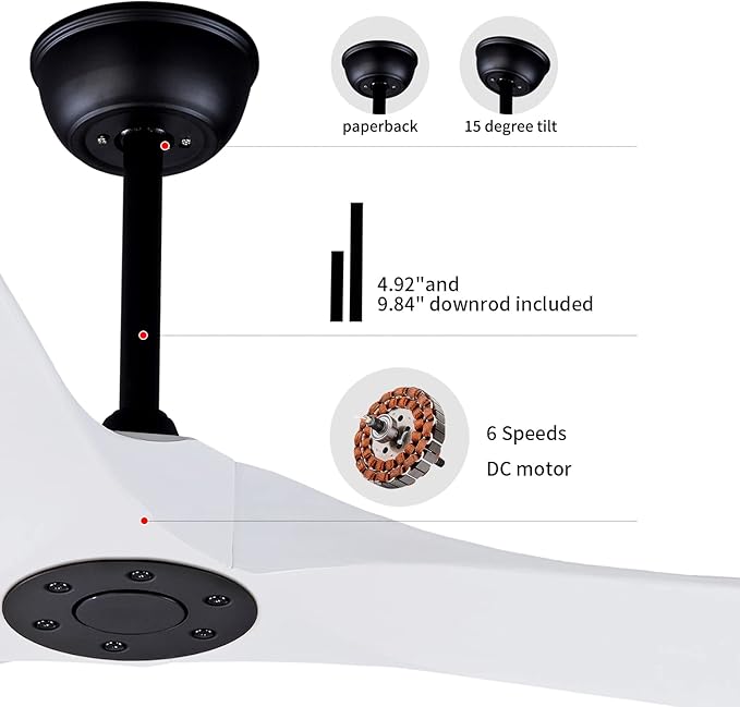 Bigzone 60" White Ceiling Fan Without Lights,DC Motor Quiet Energy Saving,3 White Balsa Wood Blades,Outdoor/Indoor Ceiling Fan With Remote Control,Reversible Blades