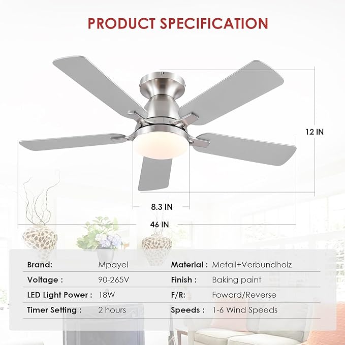 Ceiling Fans with Lights and Remote/APP Control,46" Flush Mount Ceiling Fan Dimmable DC Motor,Low Profile Ceiling Fan for Bedroom,Living Room,Brushed Nickel