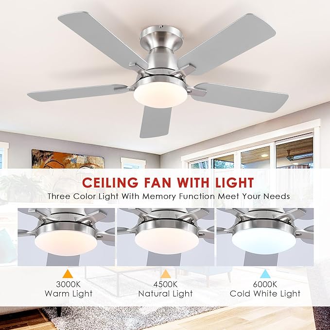 Ceiling Fans with Lights and Remote/APP Control,46" Flush Mount Ceiling Fan Dimmable DC Motor,Low Profile Ceiling Fan for Bedroom,Living Room,Brushed Nickel