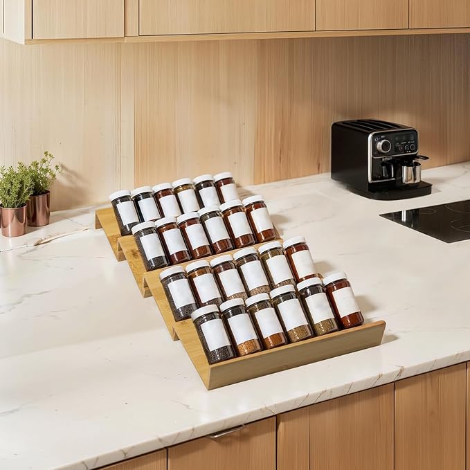 Bamboo Spice Rack For Drawer,4Pcs Tier Stackable Seasoning Storage Organizer Insert,for Kitchen Condiments Storage Insert(Jars Not Included,Combined Size:18.9" D x 9.5" W x 1.8" H)