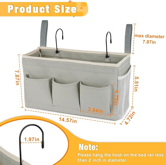 Bedside Caddy Organizer with Fixed Straps & Water Bottle Holder for Home, College Dorm, Bunk Bed, Hospital & Crib Bed Rails (2 pcs, Grey)
