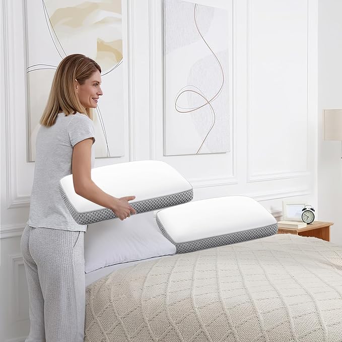 2 Pack Cooling Bed Pillows for Sleeping, Memory Foam Bed Pillows Queen Size Set of 2, Gel Pillow for Sleepers Cool Pillow for Side Back and Stomach Sleepers, Cold Pillow, Supportive(Grey)