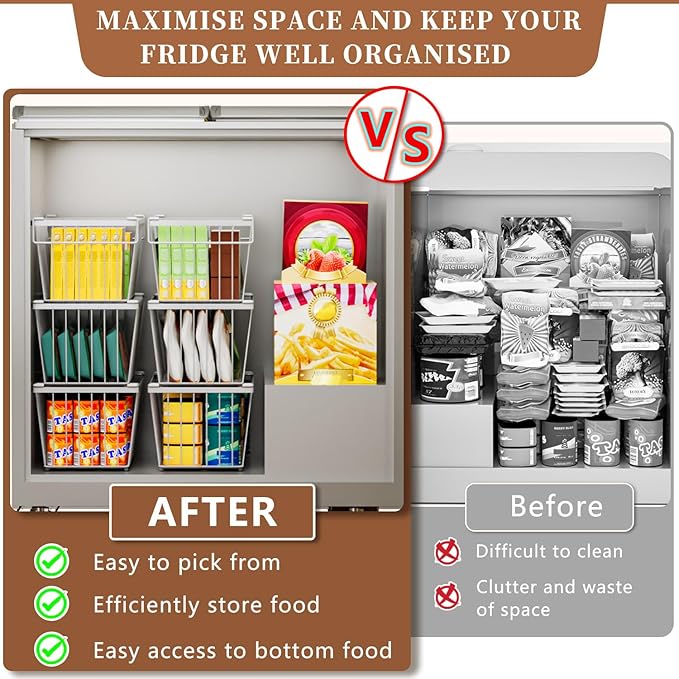 3 Pack Stackable Deep Freezer Organizer Bins ,Upgraded Bottom Leak-Proof net,Encryption and Hardening , Freezer Organizer Bins for 5 to 9 Cu.FT Small Chest Freezer, Easy Get Bottom Foods