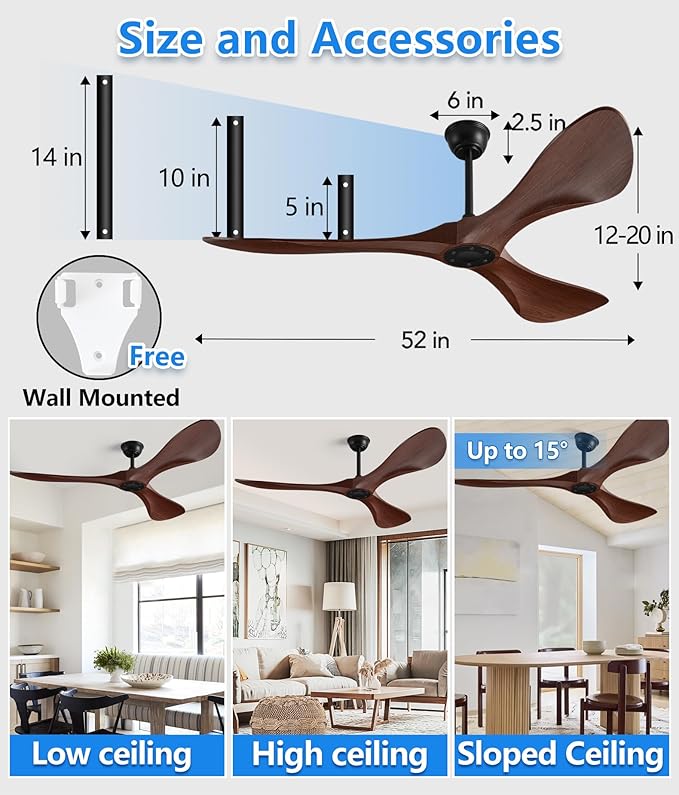 Ceiling Fan with Remote,52 Inch Wood Color Ceiling Fan no light for Indoor/Outdoor,6 Speed Noiseless Reversible DC Motor,Modern Ceiling Fan with Timer for Kitchen, Living Room Farmhouse Patios