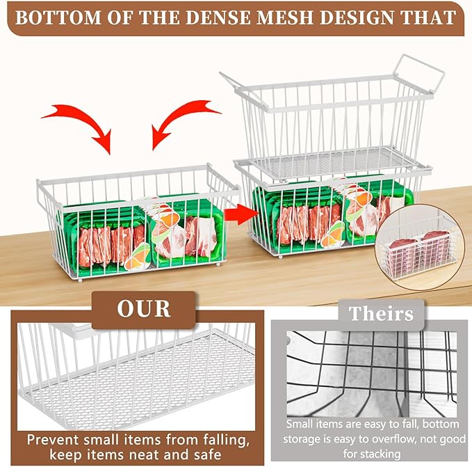6 Pack Stackable Deep Freezer Organizer Bins ,Upgraded Bottom Leak-Proof net,Encryption and Hardening , Freezer Organizer Bins for 5 to 9 Cu.FT Small Chest Freezer, Easy Get Bottom Foods
