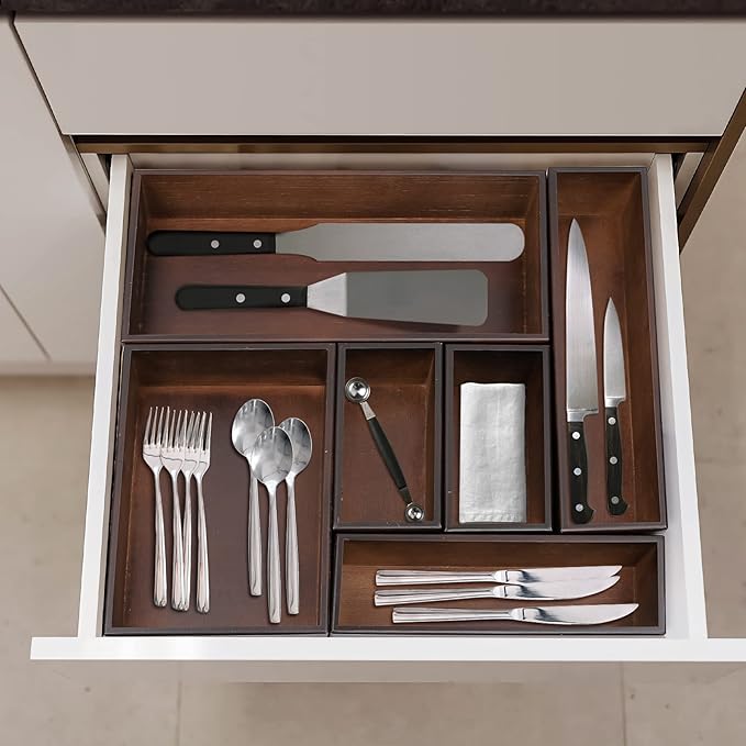 Bamboo Drawer Organizer - Kitchen Utensil Organizer Silverware Tray Cutlery Holder,Office Desk Supplies and Accessories,12 * 3 * 2.6inch,Nut-brown