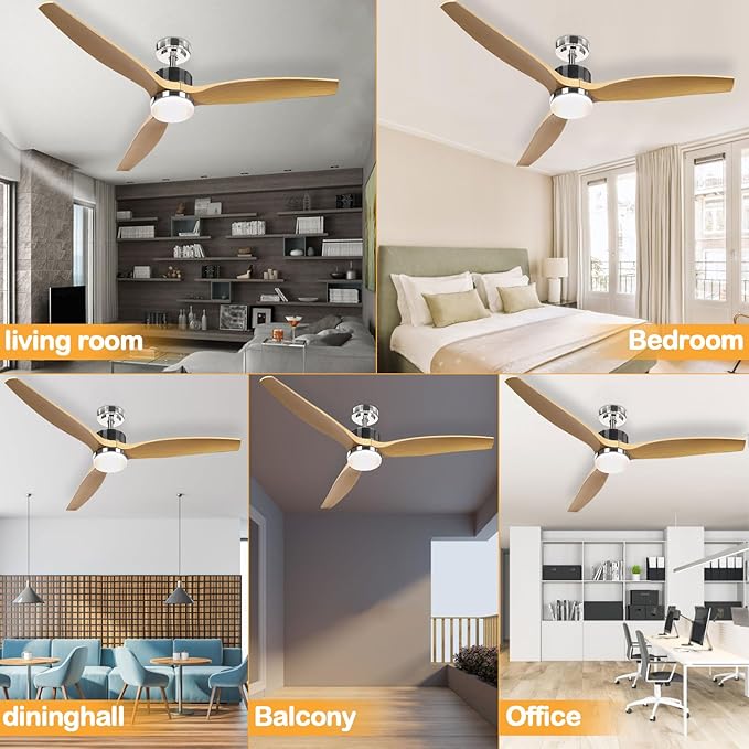 Ceiling Fan with Lights, 52" ,with Remote Control,2 Poles,LED Dimmable,Reversible DC Motors, Timer Noiseless,Bedroom Living Room Indoor&Outdoor,Very Energy Conservation