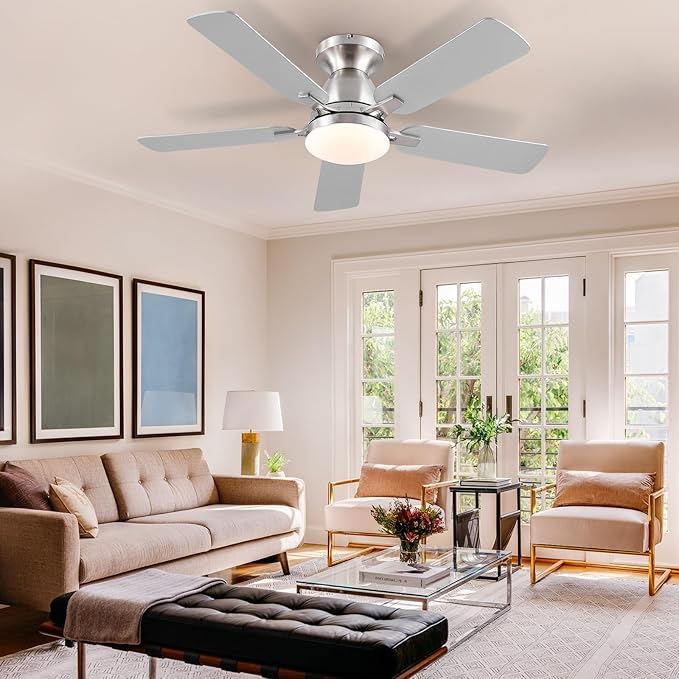Ceiling Fans with Lights and Remote/APP Control,46" Flush Mount Ceiling Fan Dimmable DC Motor,Low Profile Ceiling Fan for Bedroom,Living Room,Brushed Nickel