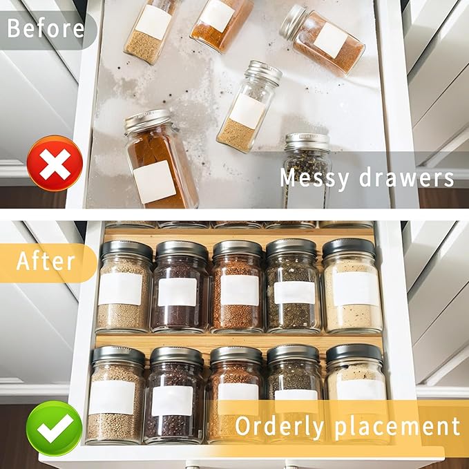 Bamboo Spice Rack For Drawer,4Pcs Tier Stackable Seasoning Storage Organizer Insert,for Kitchen Condiments Storage Insert(Jars Not Included,Combined Size:18.9" D x 9.5" W x 1.8" H)