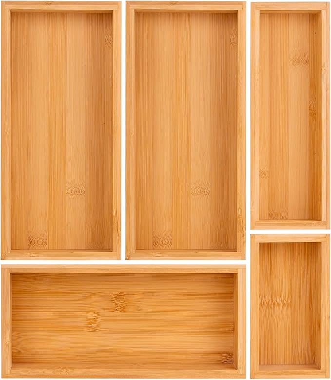 bamboo drawer organizer Set,expandable drawer dividers,wooden storage organizers,large trays for kitchen, bathroom,flatware,Tea Bag Organizer (1 X 5PCS Natural)
