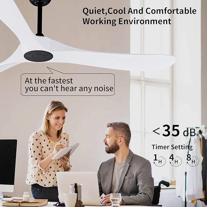 Bigzone 60" White Ceiling Fan Without Lights,DC Motor Quiet Energy Saving,3 White Balsa Wood Blades,Outdoor/Indoor Ceiling Fan With Remote Control,Reversible Blades