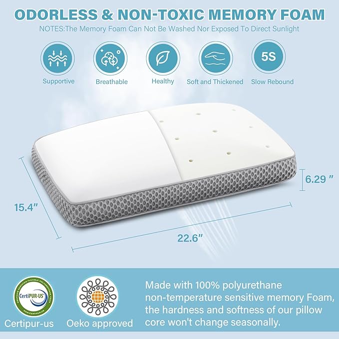 2 Pack Cooling Bed Pillows for Sleeping, Memory Foam Bed Pillows Queen Size Set of 2, Gel Pillow for Sleepers Cool Pillow for Side Back and Stomach Sleepers, Cold Pillow, Supportive(Grey)