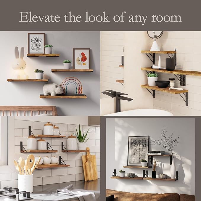 BAYKA Wall Shelves for Bedroom Decor, Floating Wall Shelves for Living Room Kitchen Storage, Wall Mounted Rustic Wood Floating Shelves for Kids Books, Corner Shelf for Bathroom(Rustic Brown,Set of 4)
