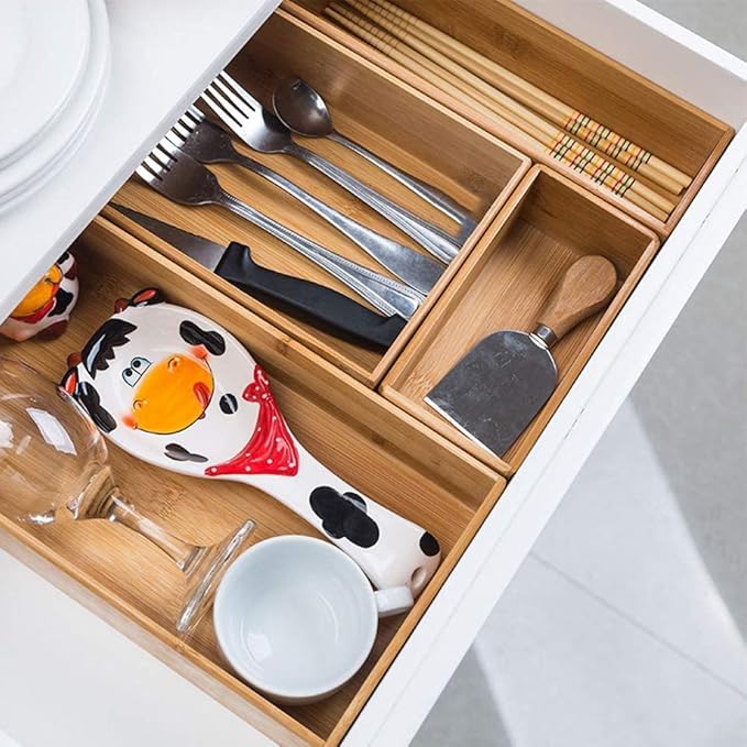 Bamboo Drawer Organizer - Kitchen Utensil Organizer Silverware Tray Cutlery Holder,Office Desk Supplies and Accessories (8.9x5.9x2.6 inch)