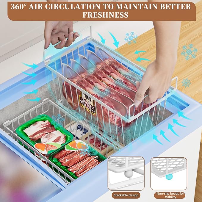 6 Pack Stackable Deep Freezer Organizer Bins ,Upgraded Bottom Leak-Proof net,Encryption and Hardening , Freezer Organizer Bins for 5 to 9 Cu.FT Small Chest Freezer, Easy Get Bottom Foods