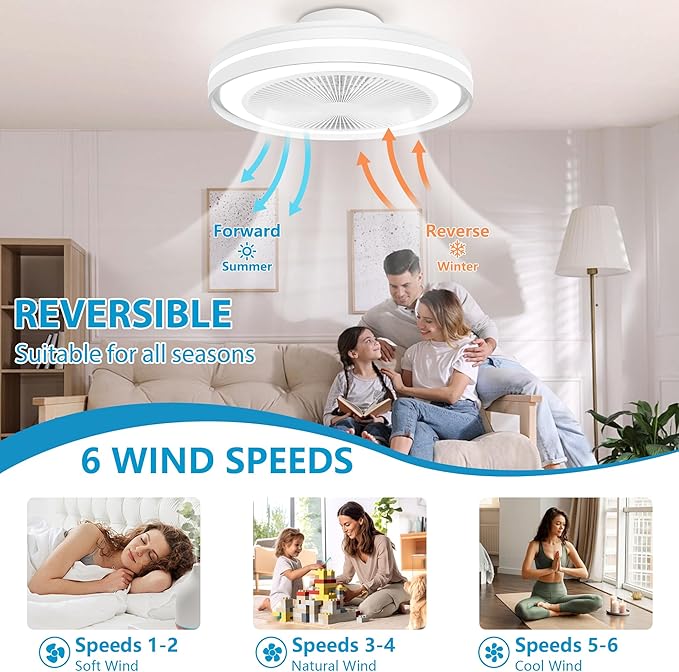 Bladeless Ceiling Fans with Lights, 20" Low Profile Ceiling Fan with Alexa/Google Assistant/APP Control 6 Speeds, Modern Flush Mount RGB Ceiling Fan LED Dimmable Light,White
