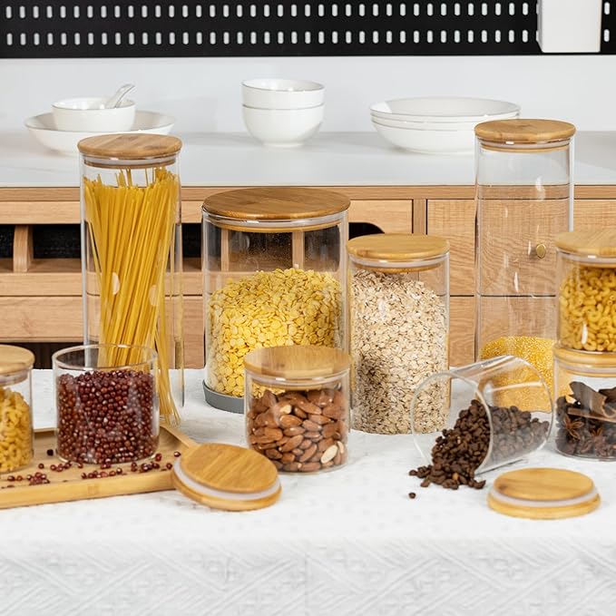 70oz Straight cylindrical Airtight Storage Jars with Bamboo Lid Set of 3 Storage Container Glass Jars, Kitchen Canister for Noodles, Pasta and Coffee beans (with Black Lable)