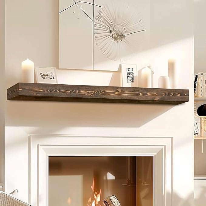 48x8x3 Fireplace Mantel - Handcrafted Hollow Rustic Solid Wood Wall Mounted Floating Shelf with Invisible Heavy Duty Wood Bracket (Weathered Brown)