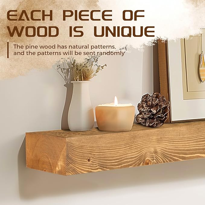 60x7x3 Fireplace Mantel - Solid Rustic Wood - Wall Mounted Floating Shelf with Invisible Heavy Duty Steel Bracket (Natural Wood)