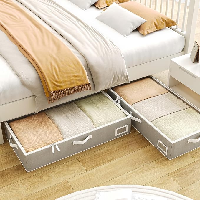 Under Bed Storage Containers, 2-Pack Underbed Storage Box, Collapsible Clothes Storage Bins with Handles and Lid, Large Under Bed Organizers for Shoe, Blanket, Pillow, Sheet, Gray