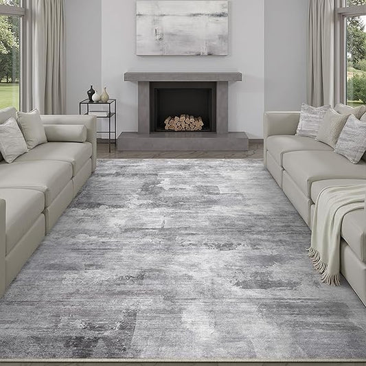 8x10 Washable Area Rug Grey Abstract Modern Living Room Bedroom Large Throw Rug Non Slip Soft Thin Simple Indoor Floor Carpet for Office Entryway Kitchen Nursery Decor
